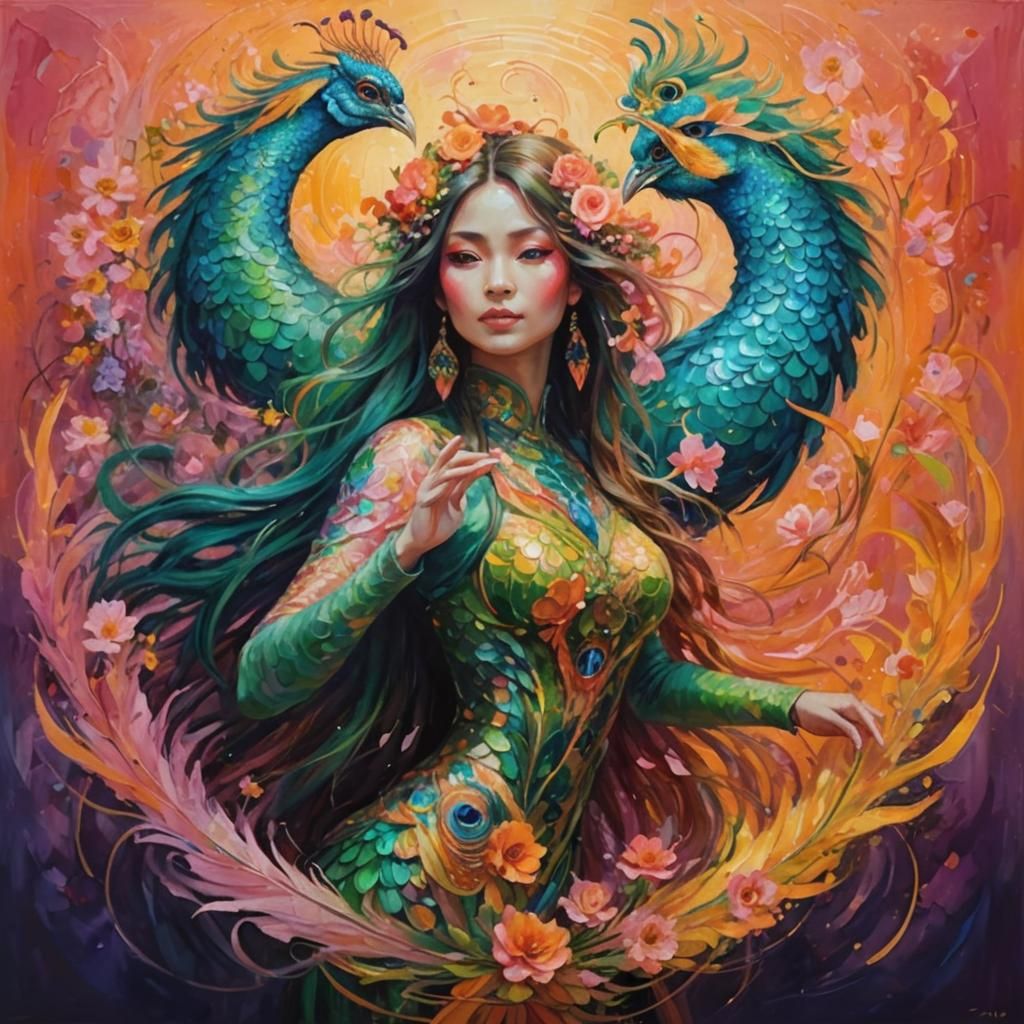 Colorful Dragon-Peacock Woman in Abstract Expressionism Styl...