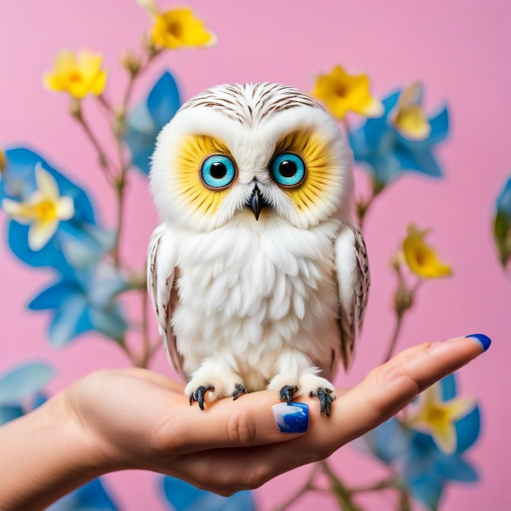 Mini White Owl with Blue Eyes on Finger