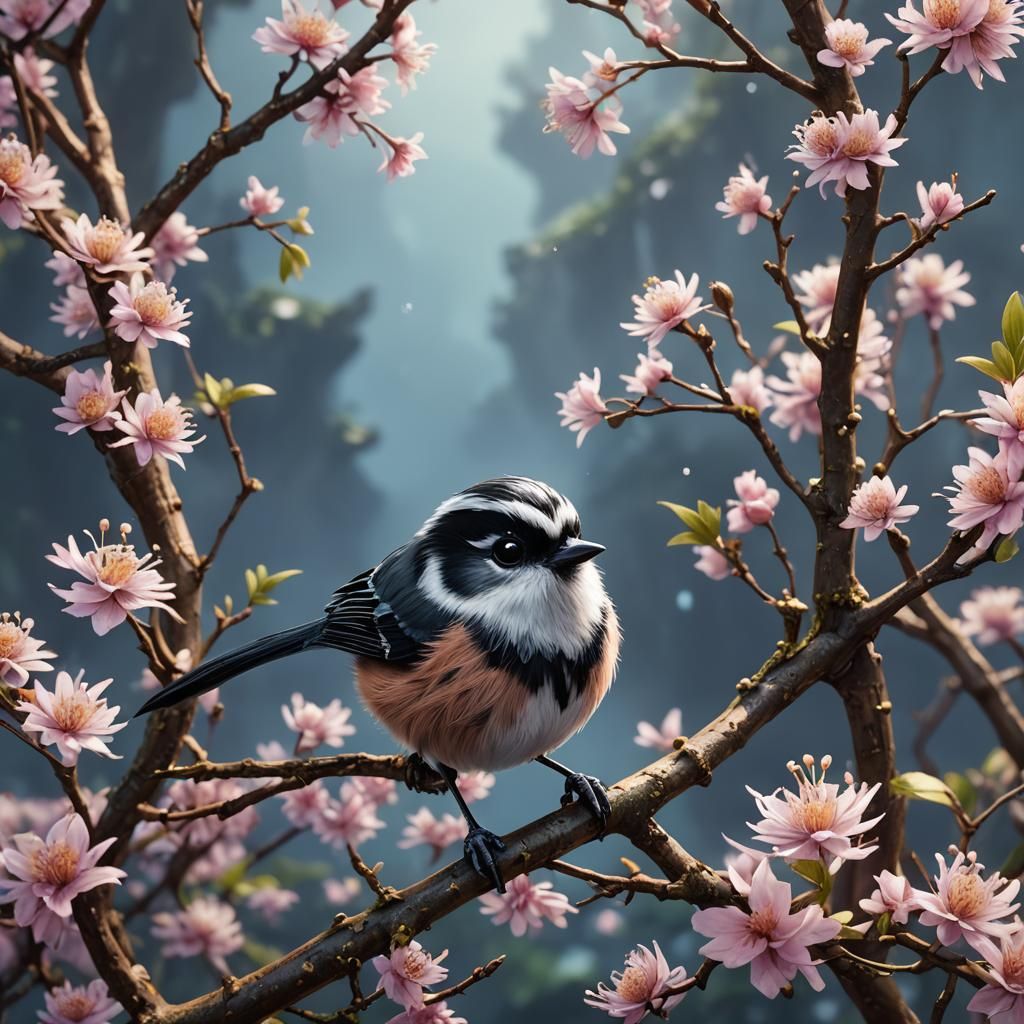 Adorable Long-Tailed Tit: Detailed Matte Painting