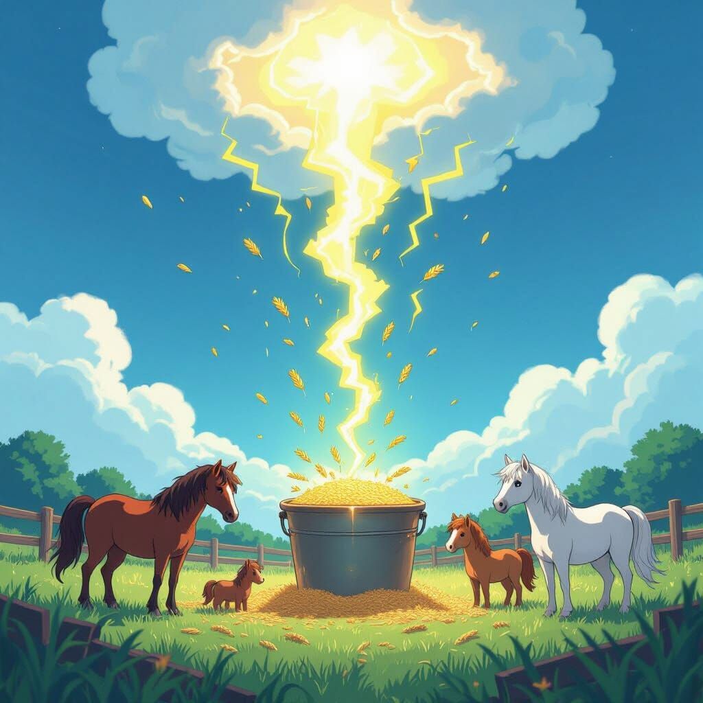 Whimsical Manga Scene of Horses Eating from Magic Cloud Buck...