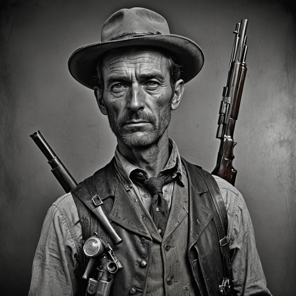 Old tinplate photo of BIlly the  Kin, Wild West studio portrait, holding an old Winchester rifle, blank expression, hype...