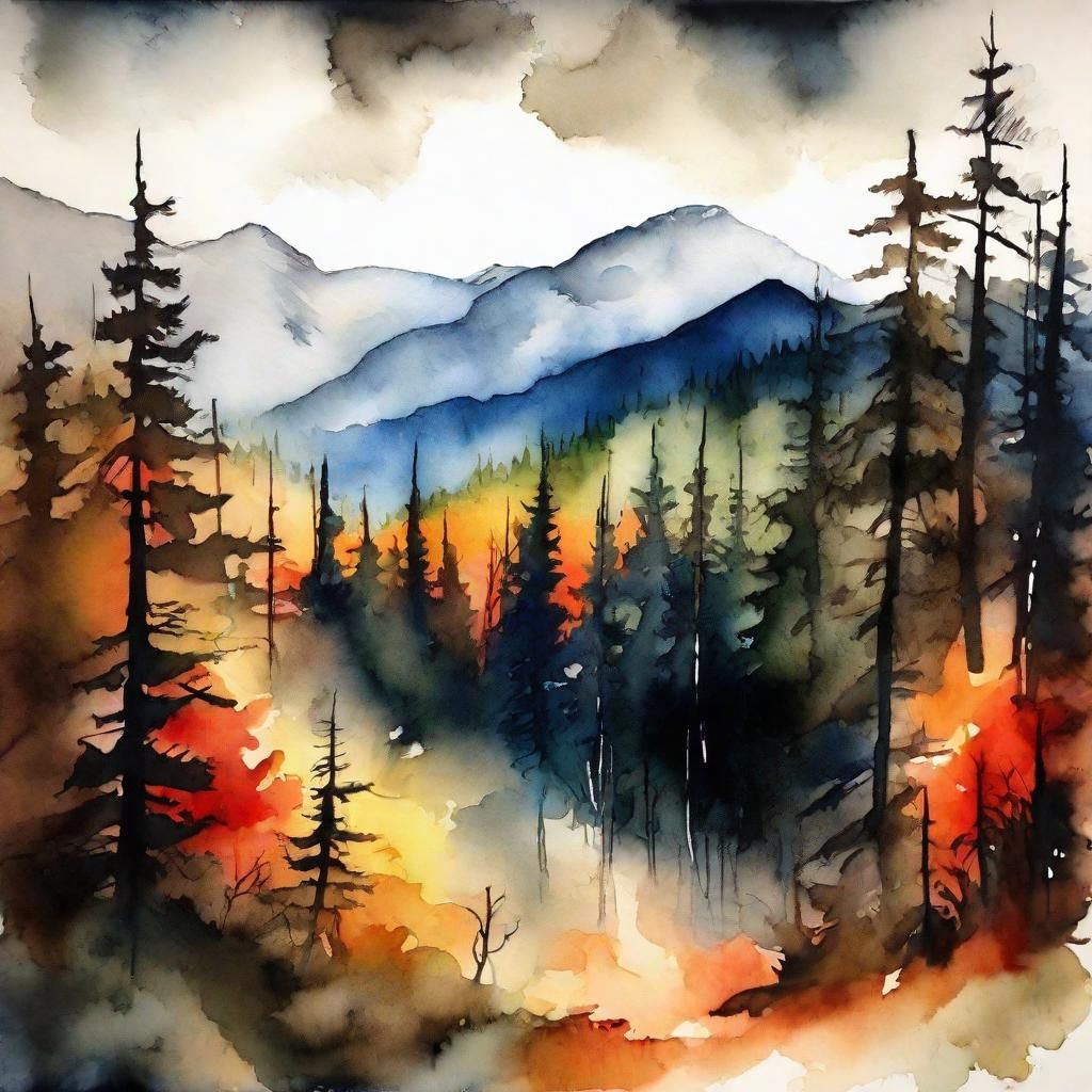Wildfire Landscape in Jasper Park, Watercolour Style