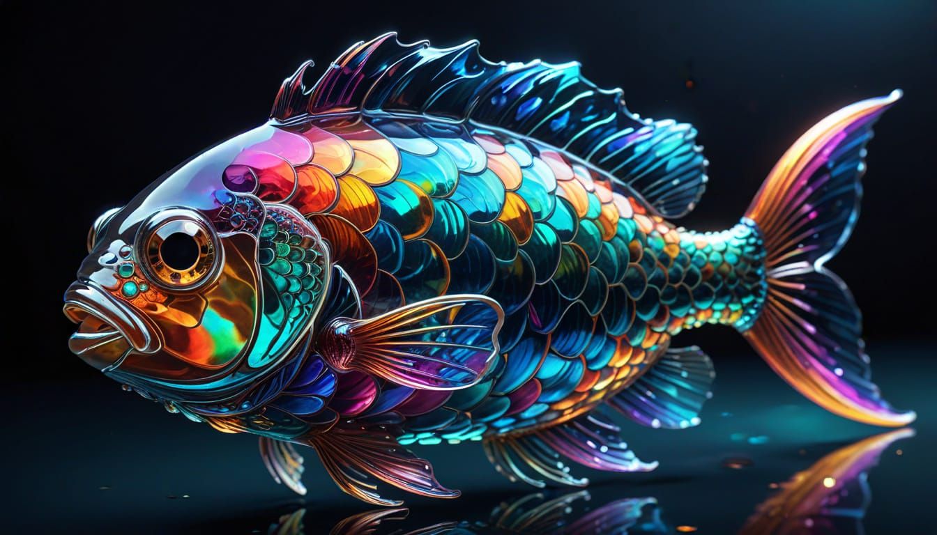 Glass Fish Swimming with Rainbow Refractions