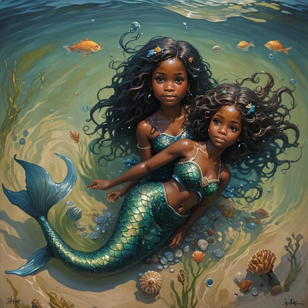 Realistic Ebony Mermaid Oil Painting