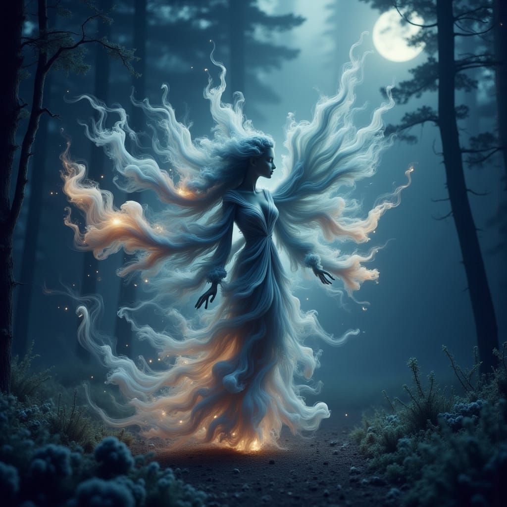 Colorful Smoke Fairy in Moonlit Forest