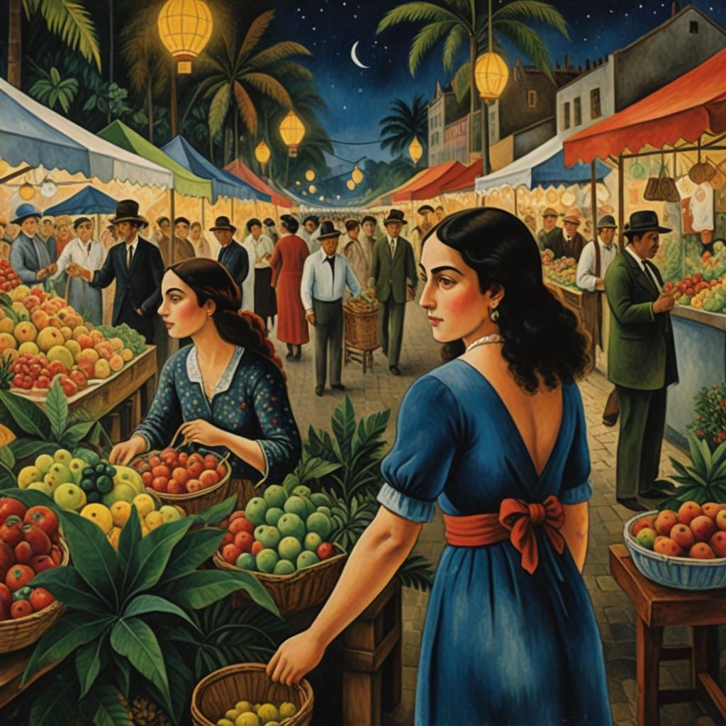 Vibrant Tropical Night Market Scene in Primitivist Style