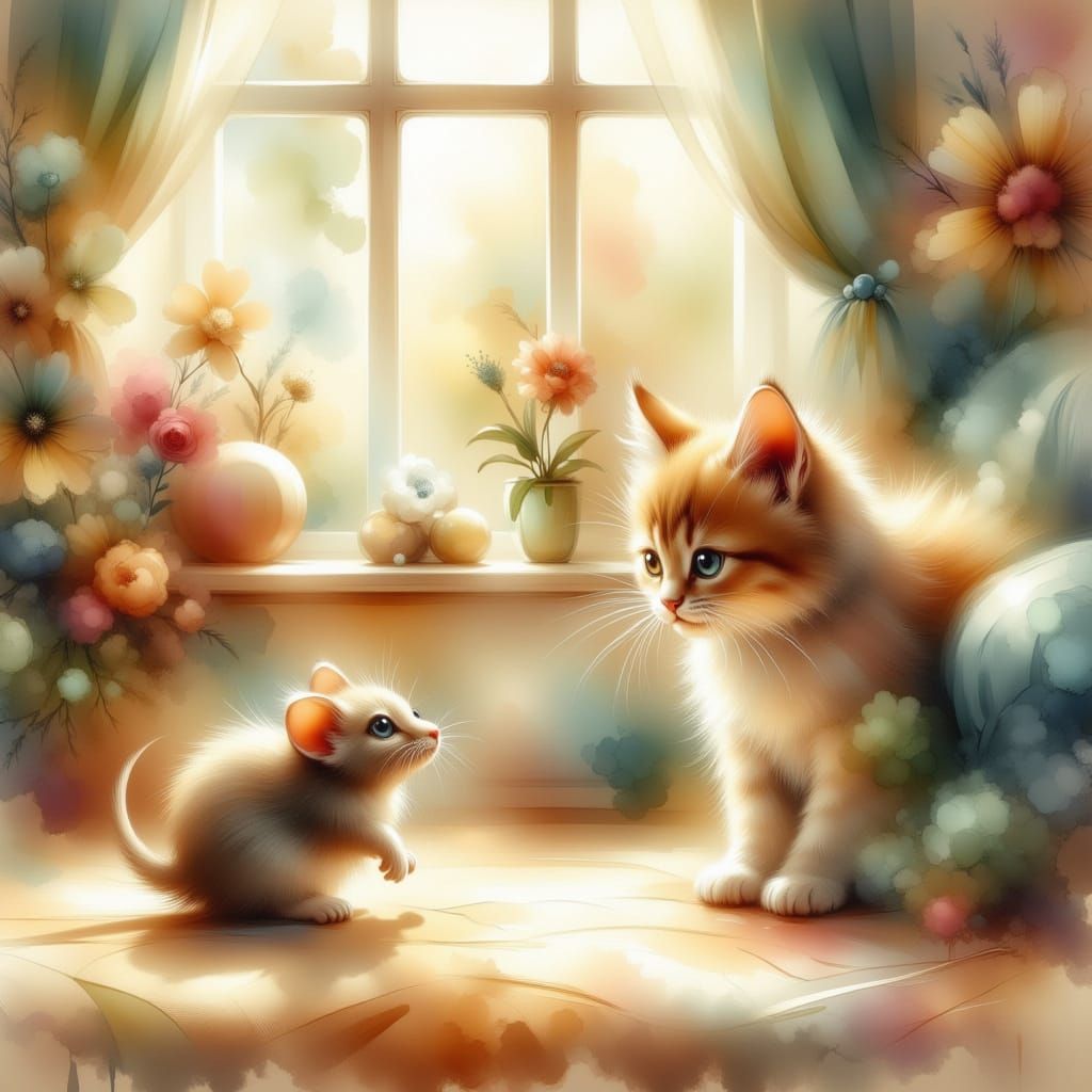 Kitten and Mouse in Watercolor Style
