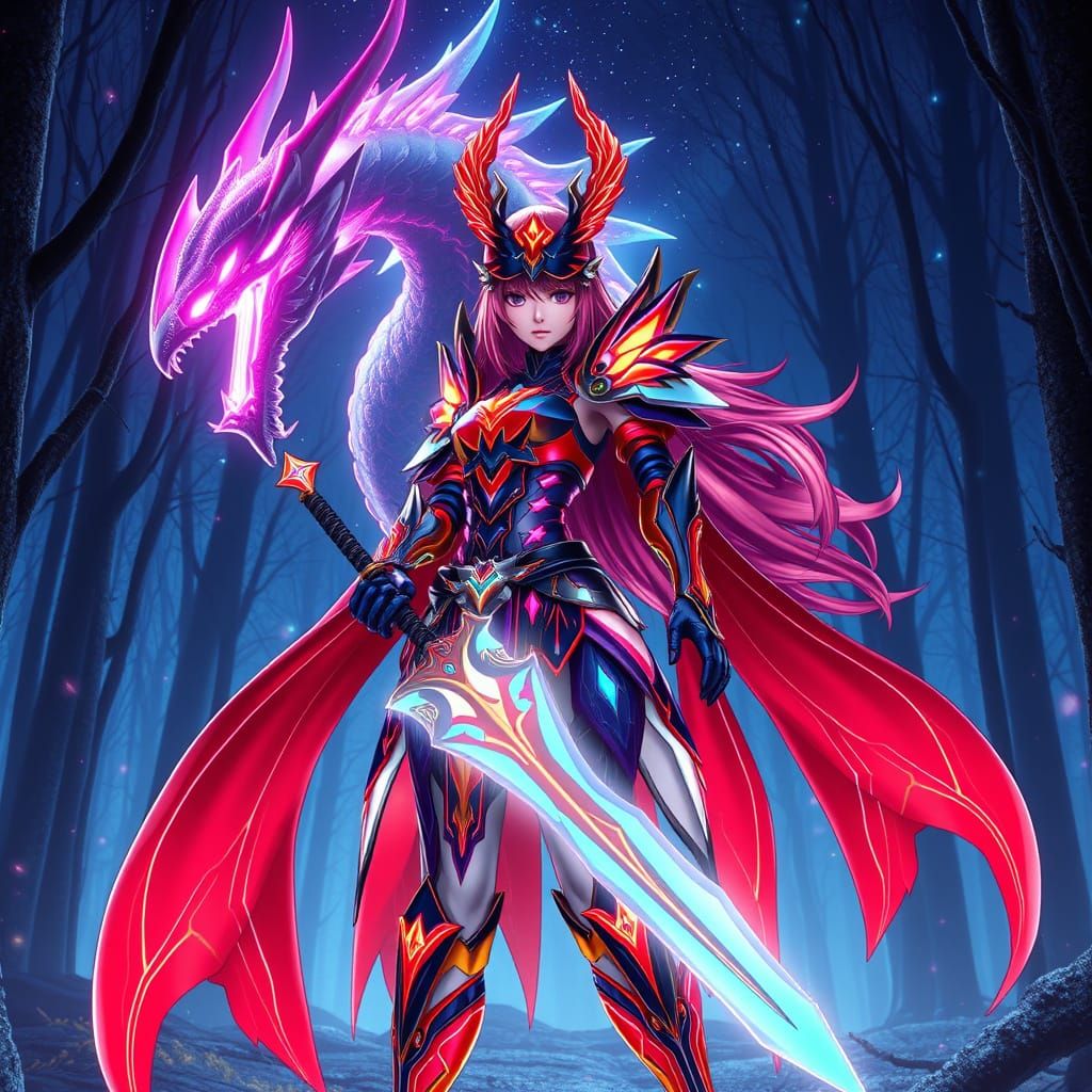 Erza Scarlet in Fire Armor with Dragon, 3D Anime Art