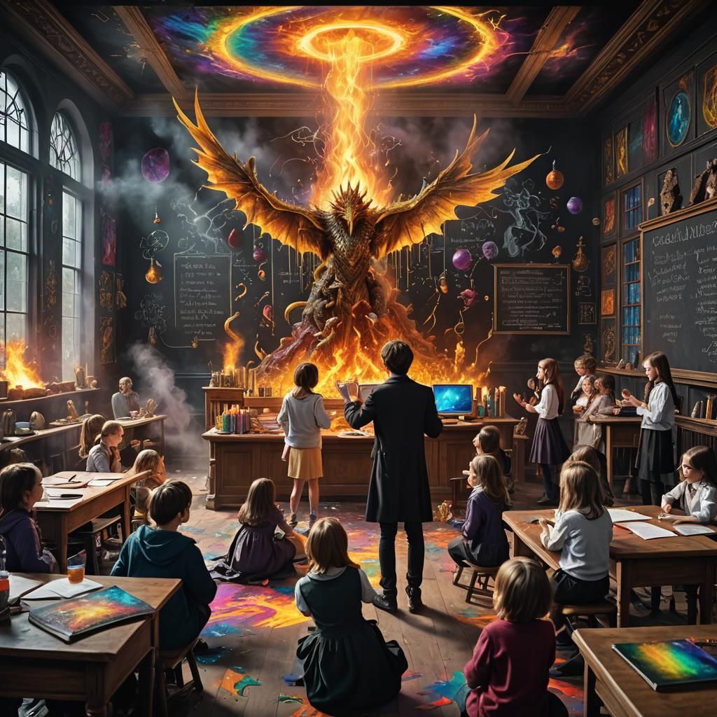 Wizard School Classroom with Psychedelic Phoenix, 8K