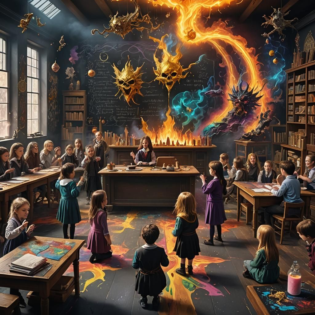 Magic School Classroom with Flying Phoenix, Hyper-Realistic