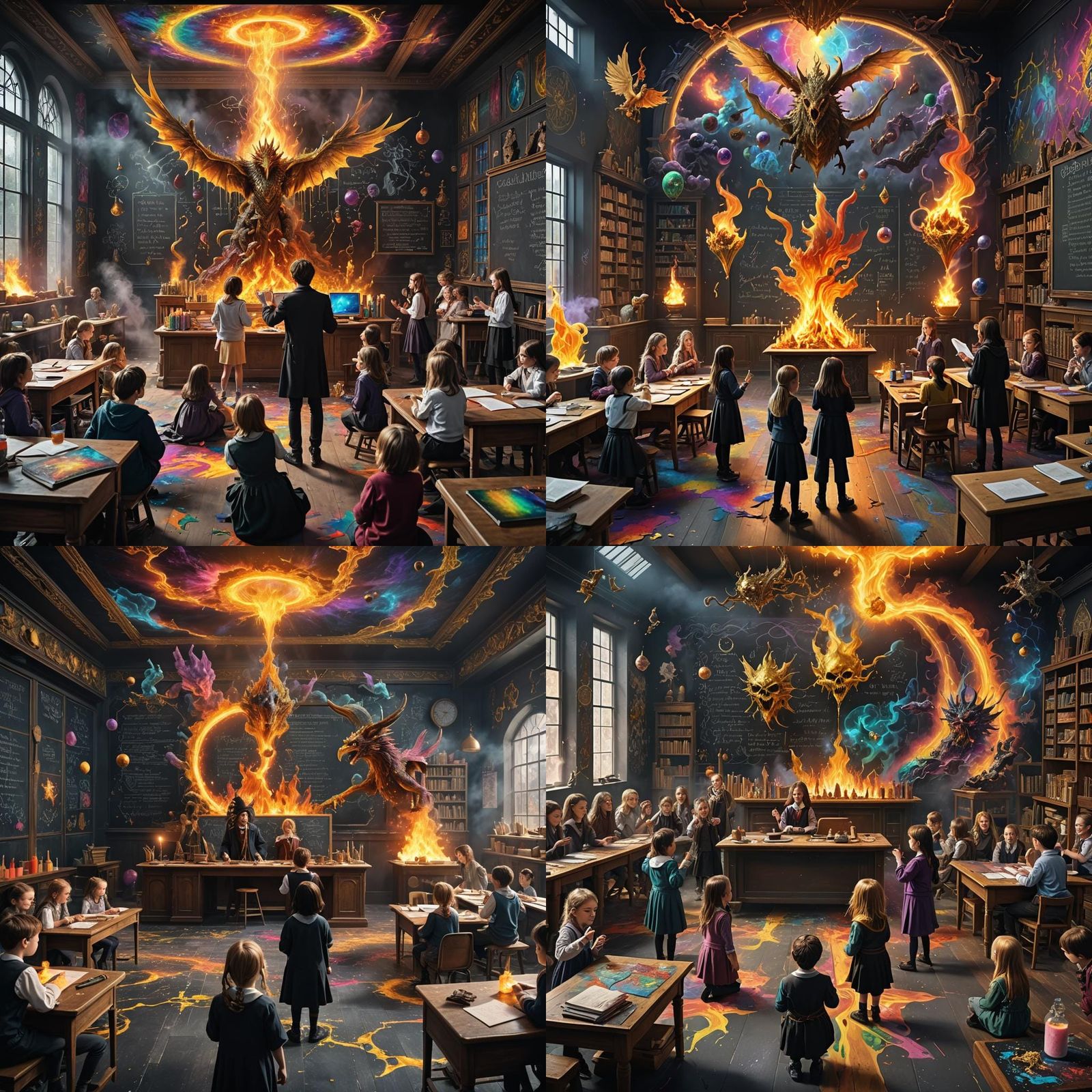 Wizard Classroom with Demonic Phoenix in Psychedelic Style