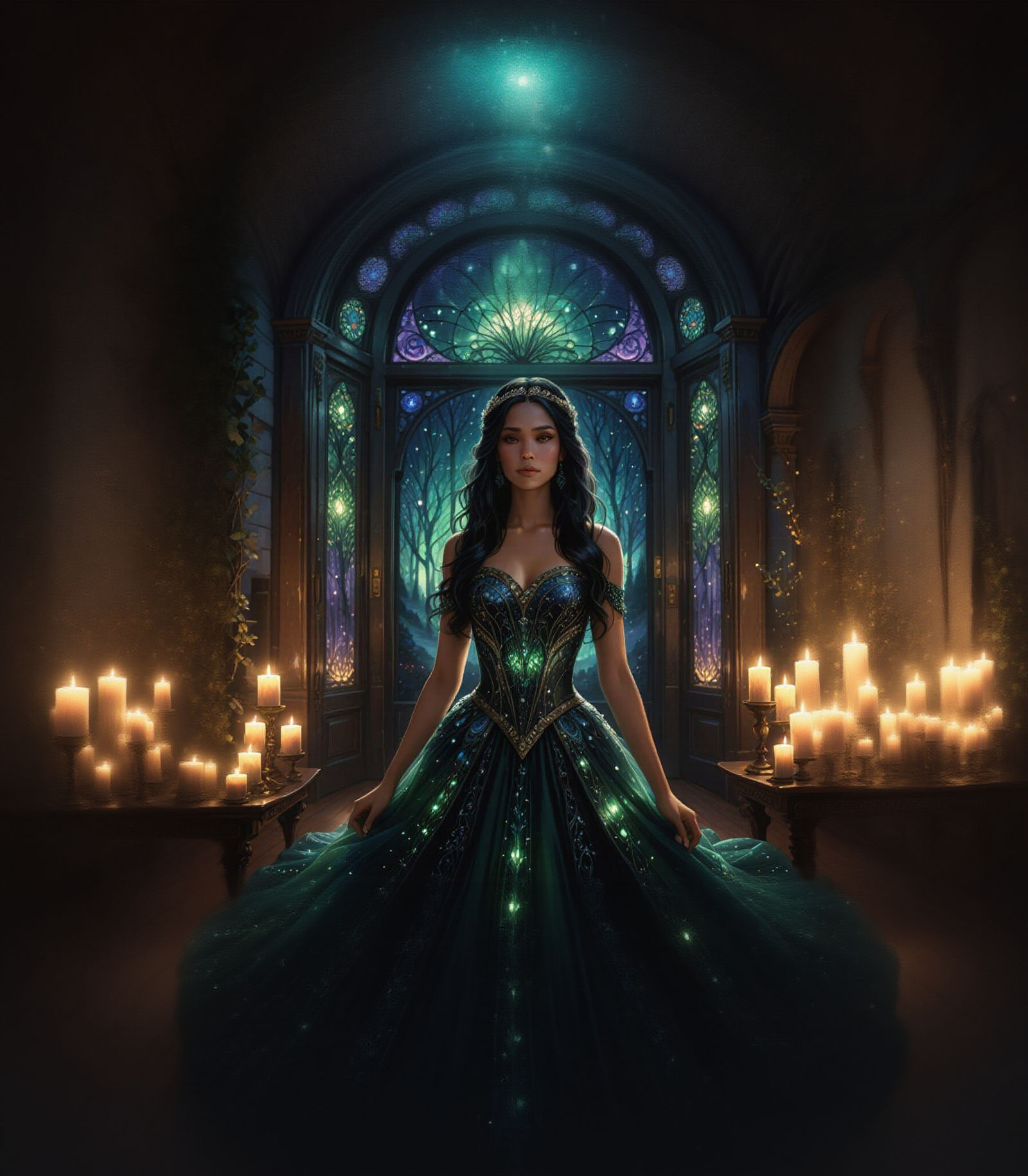 Ethereal Princess in Northern Lights Beaded Gown