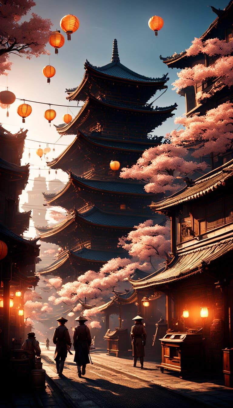 Steampunk Japanese Street with Lanterns and Dirigibles