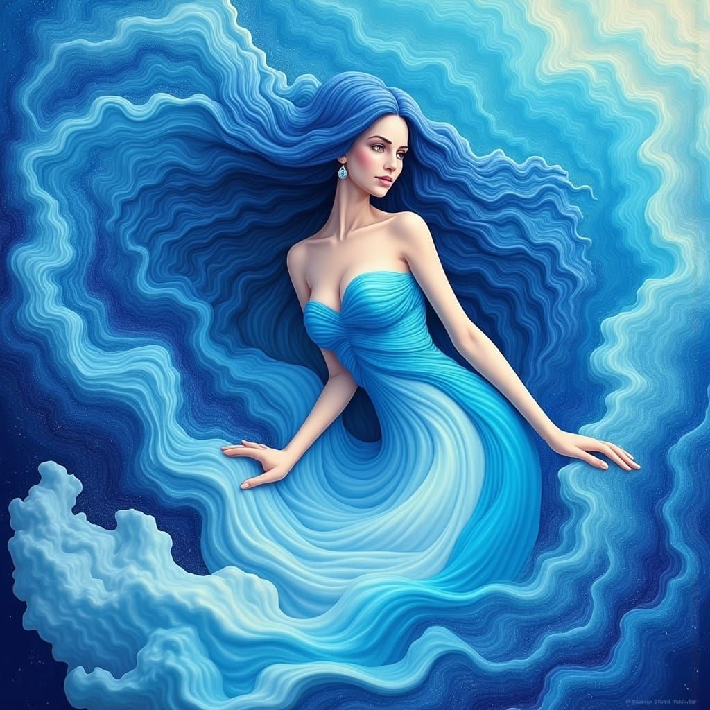 Water Spirit with Flowing Hair and Fractal Elements