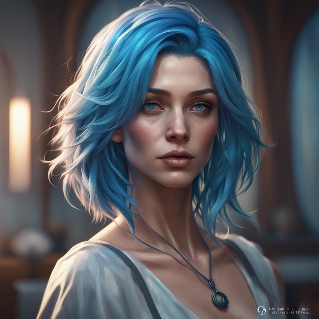 Blue Hair Portrait in Hyperdetailed Digital Art Style