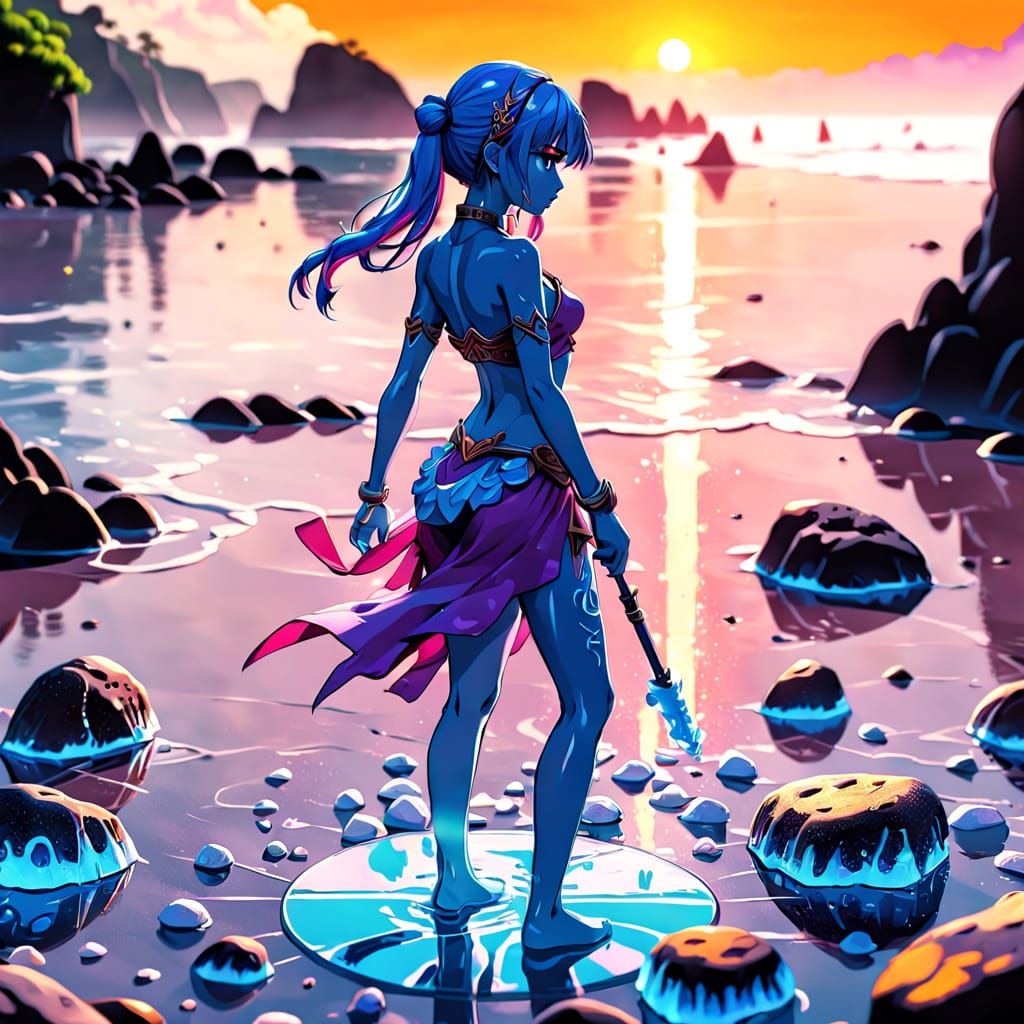 Anime Goddess Stands on Glass Beach Under Neon Hieroglyphics