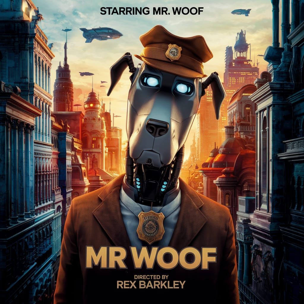 Robotic Dog Detective Movie Poster in Futuristic City