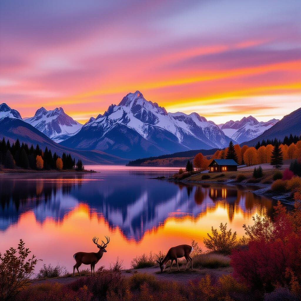 Tranquil Sunset Mountain Landscape with Reflecting Lake