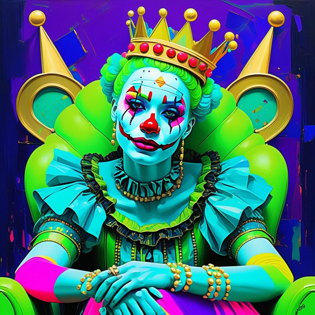 Vibrant Clown Queen Portrait in Abstract Cubism Style