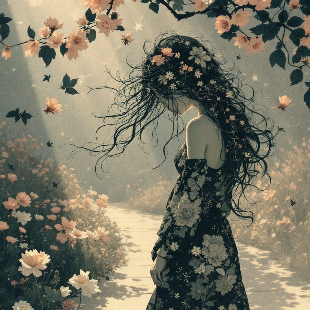 Elegant Woman in Dreamlike Landscape, Serene Art