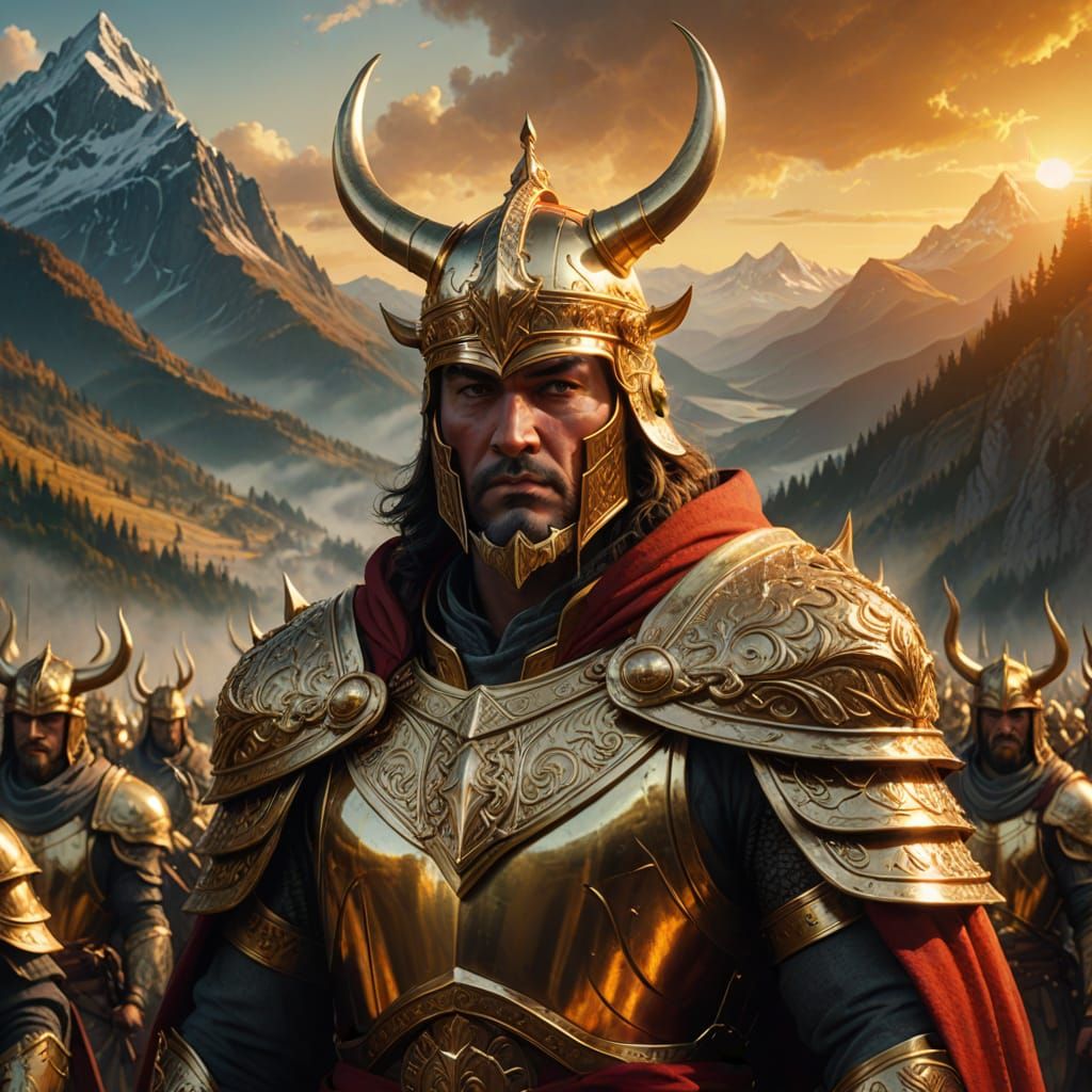 Regal King Wears Majestic Golden Helmet with Horns, Standing...