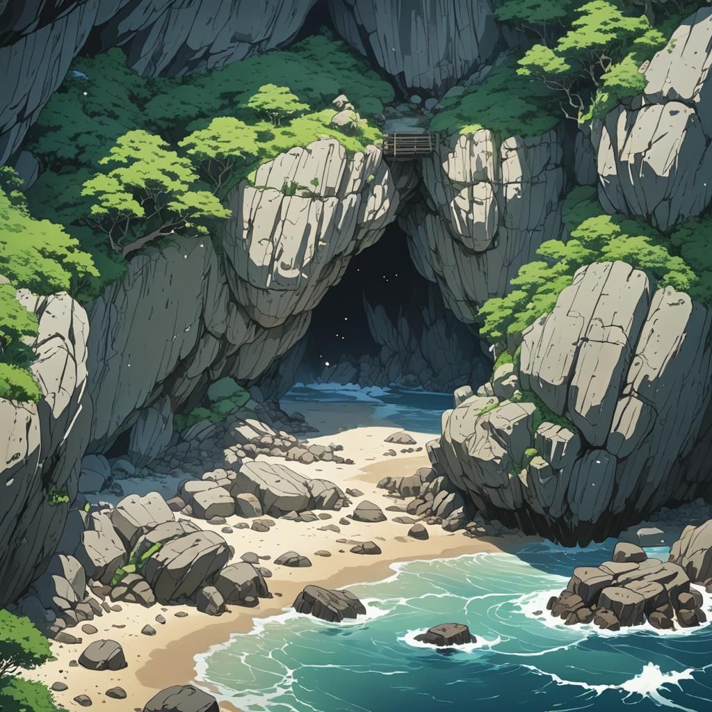 Tidal Cave Entrance in Studio Ghibli Anime Style