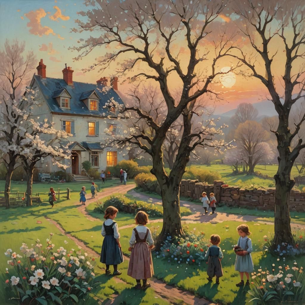 Children Playing in Flowering Landscape at Sunset
