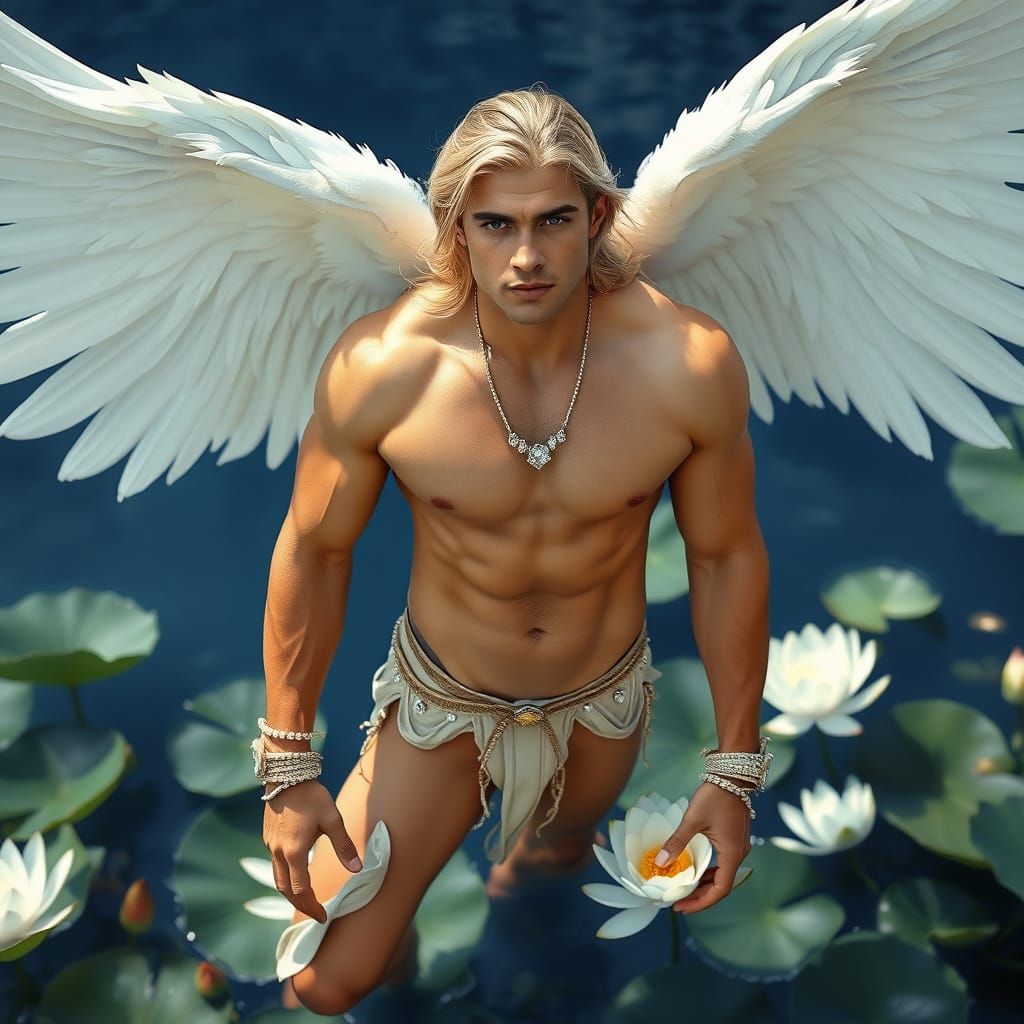 Angelic Man Above Lotus Pond in Renaissance Style