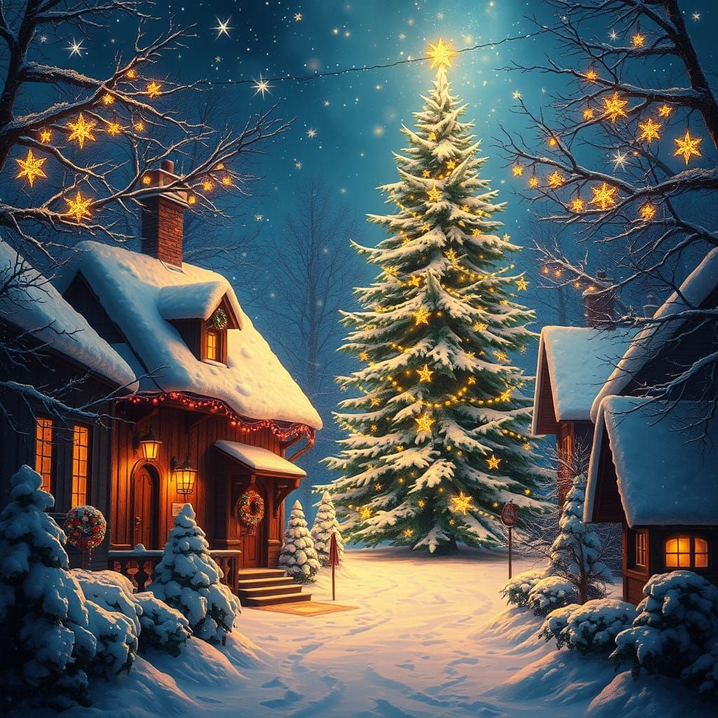 Quaint Snow-Covered Village under Golden Christmas Lights