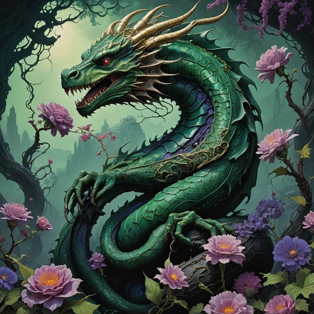 Dragon and Flowers Arm Tattoo in Dark Fantasy Style