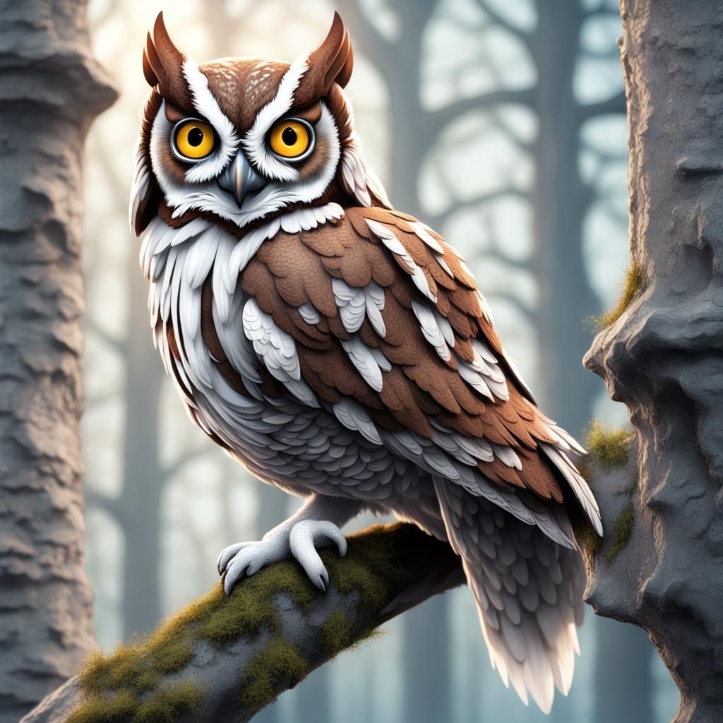 Gray and White Screech Owl Clip Art