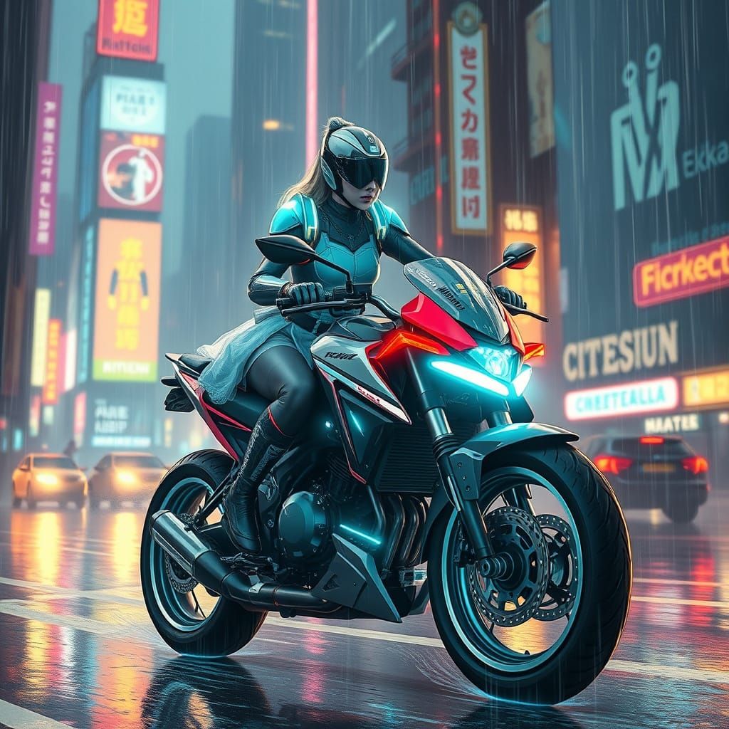 Cyberpunk Cinderella Rides Futuristic Motorcycle in Neon Cit...