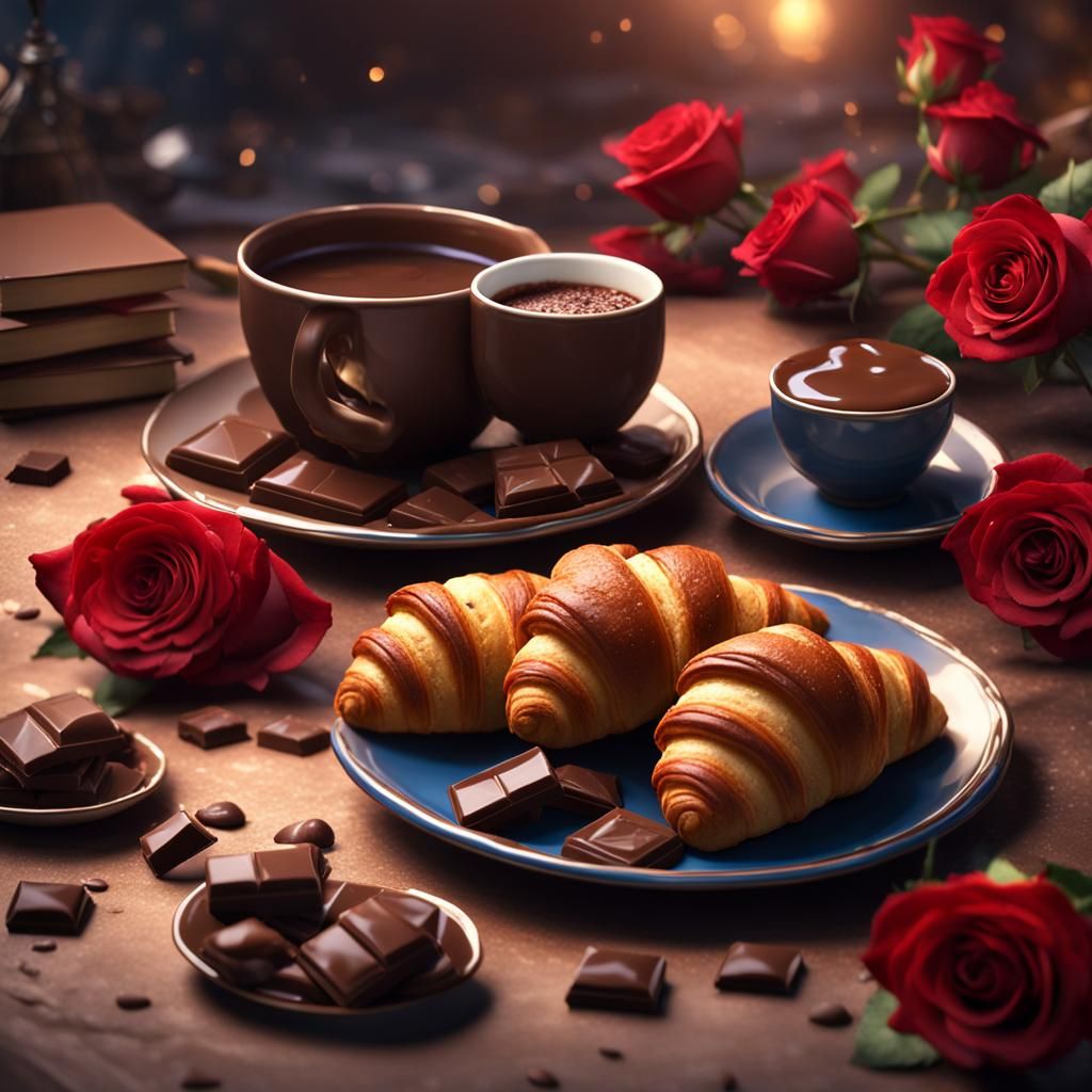 Chocolate, Croissants, Coffee, and Roses: Detailed Matte Pai...
