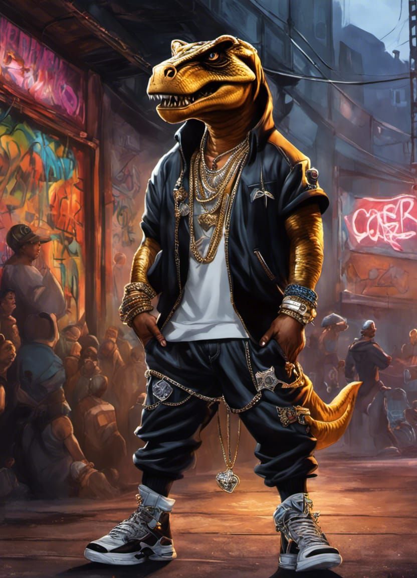 Anthropomorphic T-Rex Rapper in Graffiti Setting