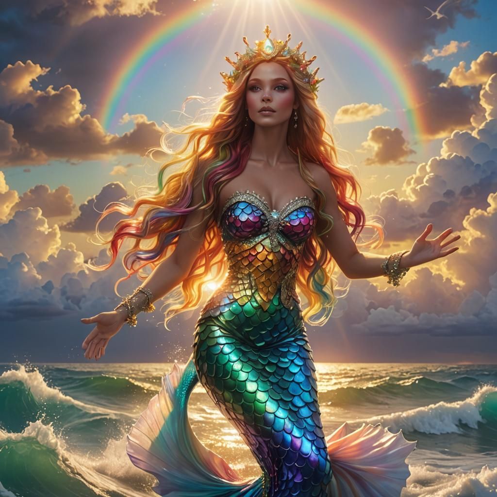 Ocean Sunset: Rainbow Mermaid Queen in Divine Light