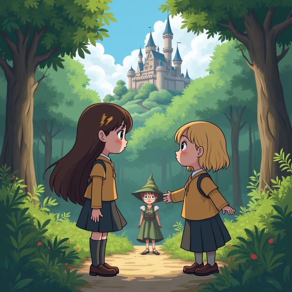 Sad Girl Comforted in Whimsical Forest Landscape