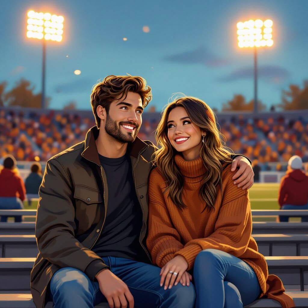 Couple Watching Football Game Under Stadium Lights