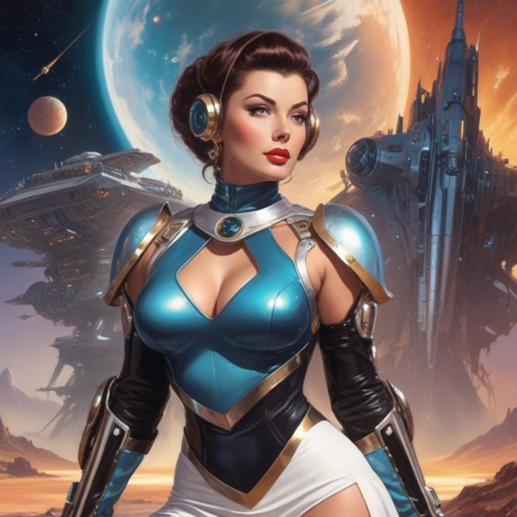 Epic Atompunk Space Cadet in a Vibrant Retrofuturistic Setti...