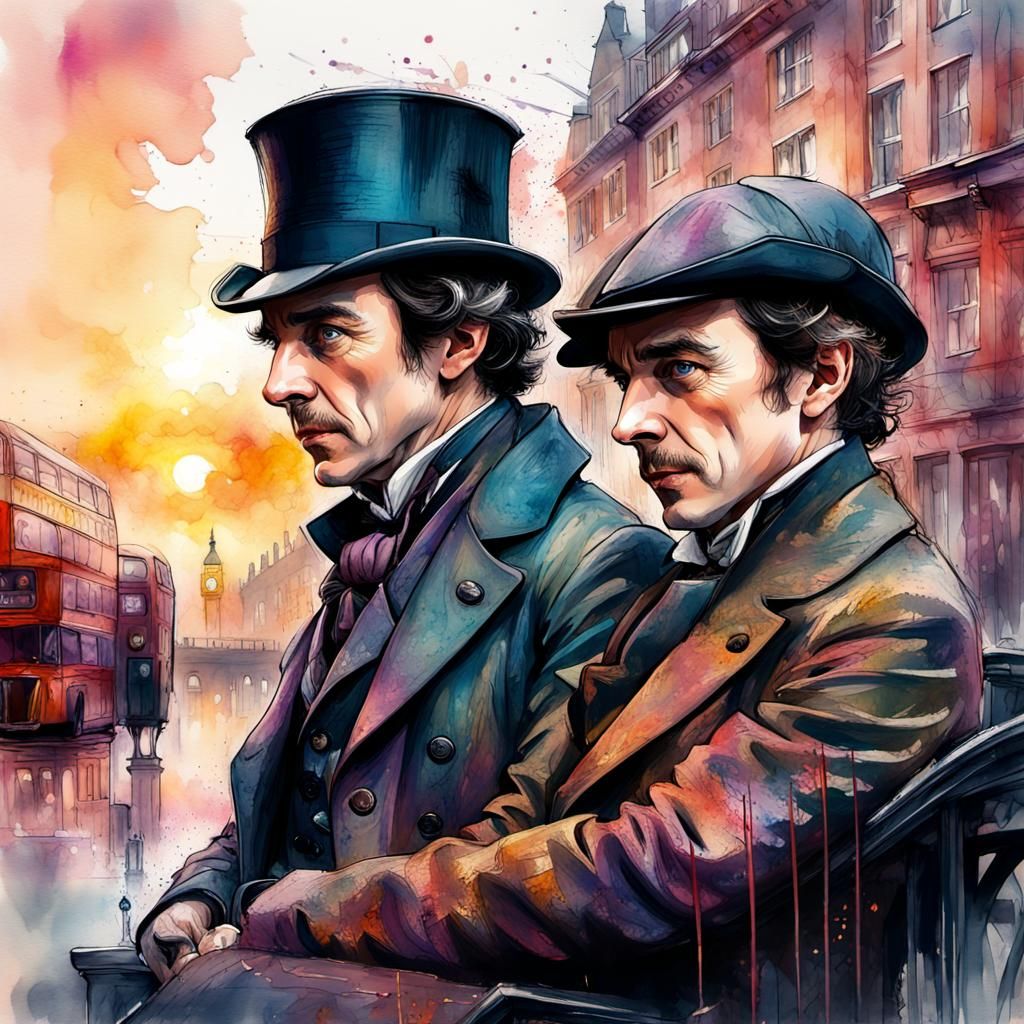Sherlock Holmes and Watson: Watercolor London Sunset