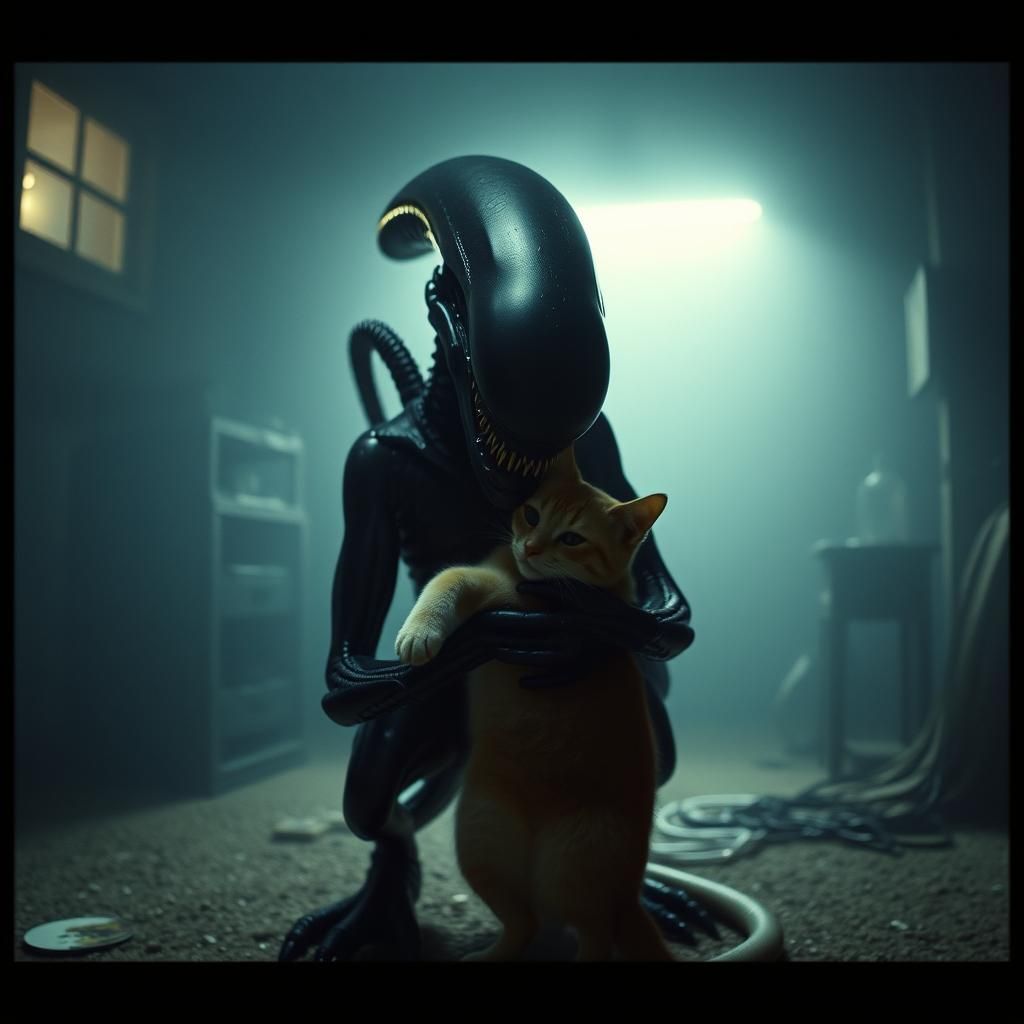 Xenomorph Embraces Cat in Ridley Scott Style