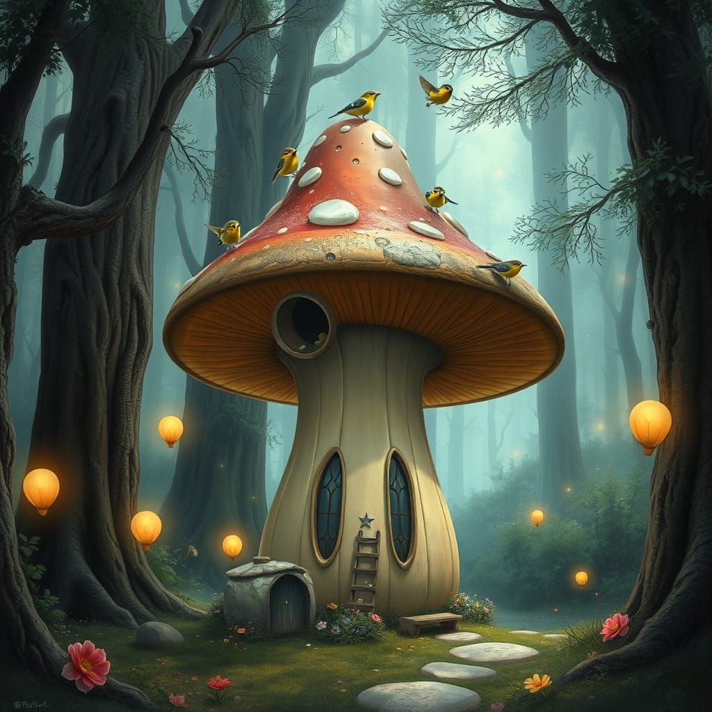 Enchanted Forest Mushroom Birdhouse in Matte Painting Style