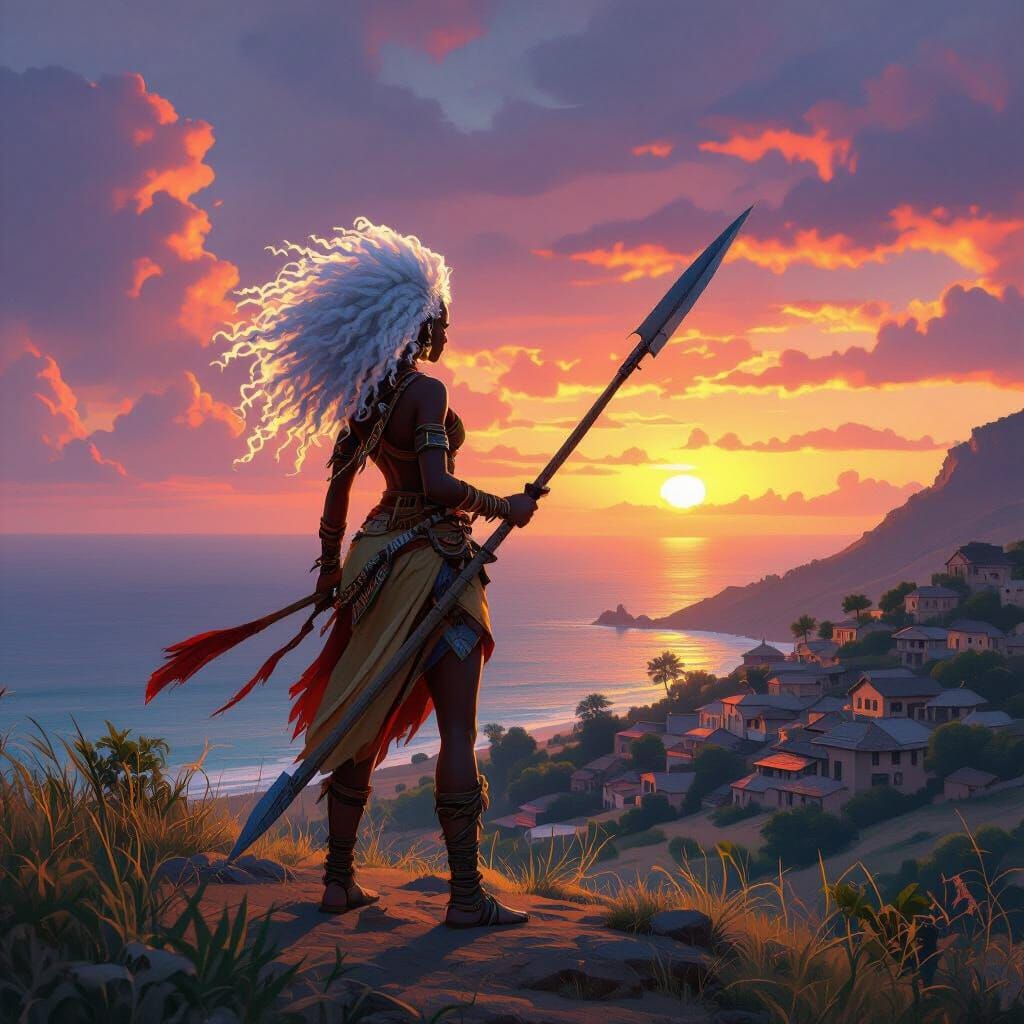 African Warrior Girl with Bladed Staff at Sunset