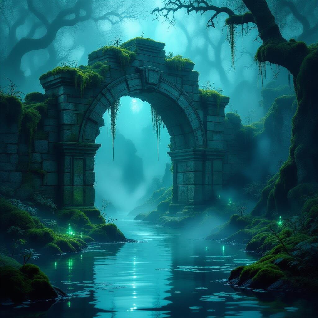 Ancient Archway in Bioluminescent Swamp