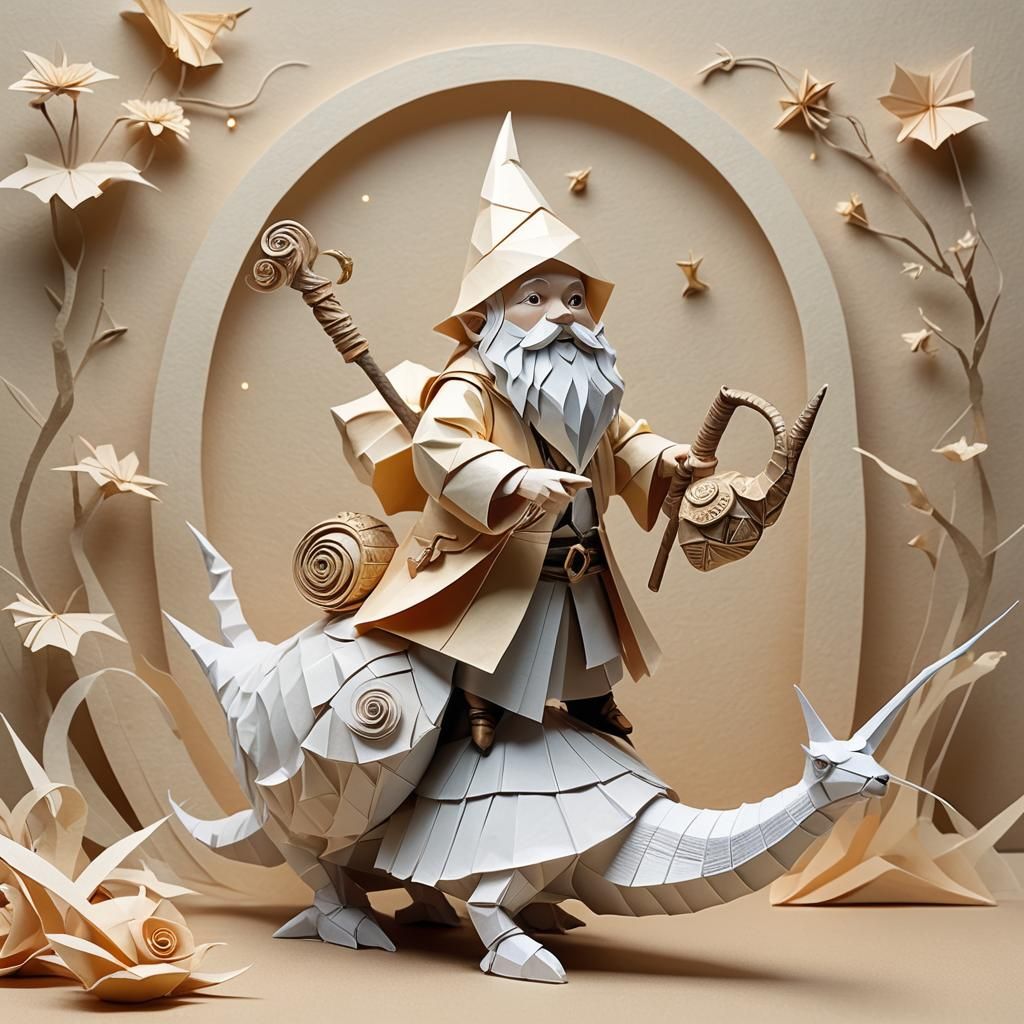 Gnome Wizard Riding Snail in Origami Style