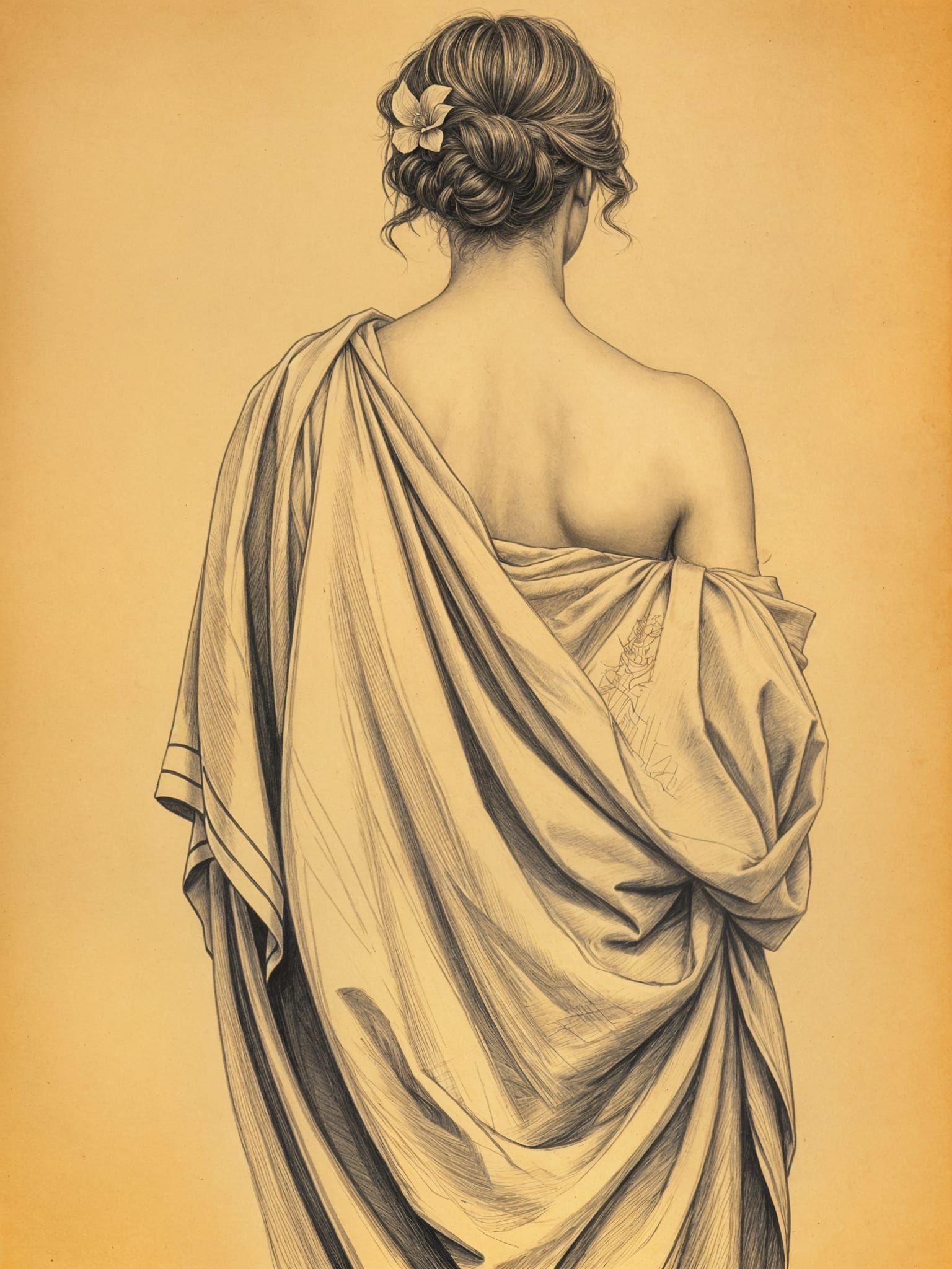 Roman Woman's Back in Detailed Pencil Drawing