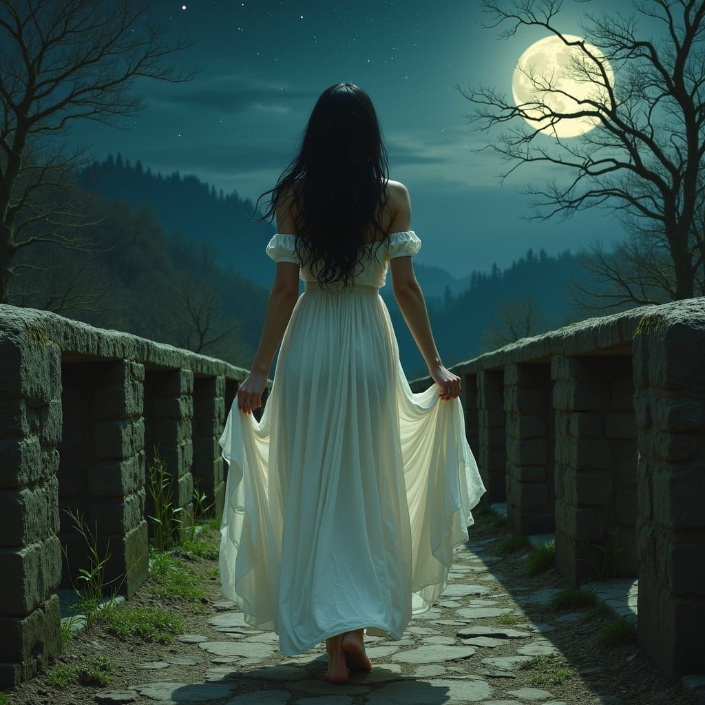 Woman on Bridge in Pre-Raphaelite Style