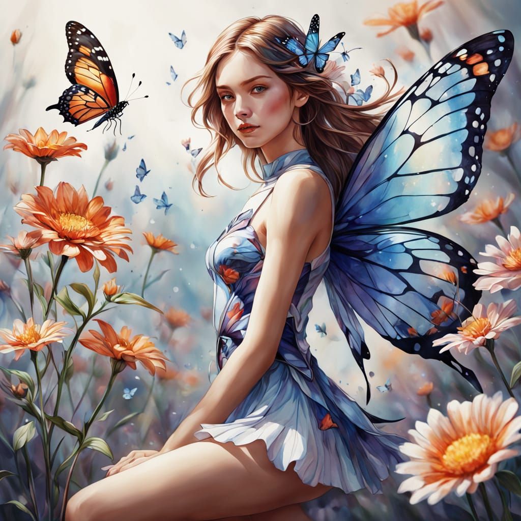 Butterfly on Delicate Flower in Watercolor Style