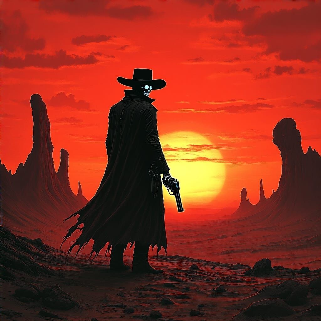 Spectral Gunslinger in Crimson Sunset on Alien Planet