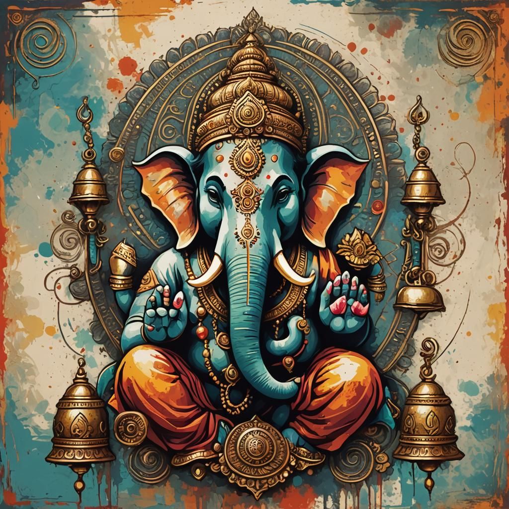 Three-Headed Ganesha with Mantra: Abstract Art