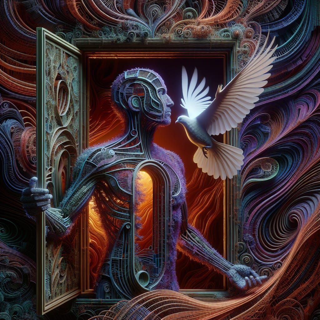 Fantastical Scene of Metal Mesh Figure with Dove in Flight